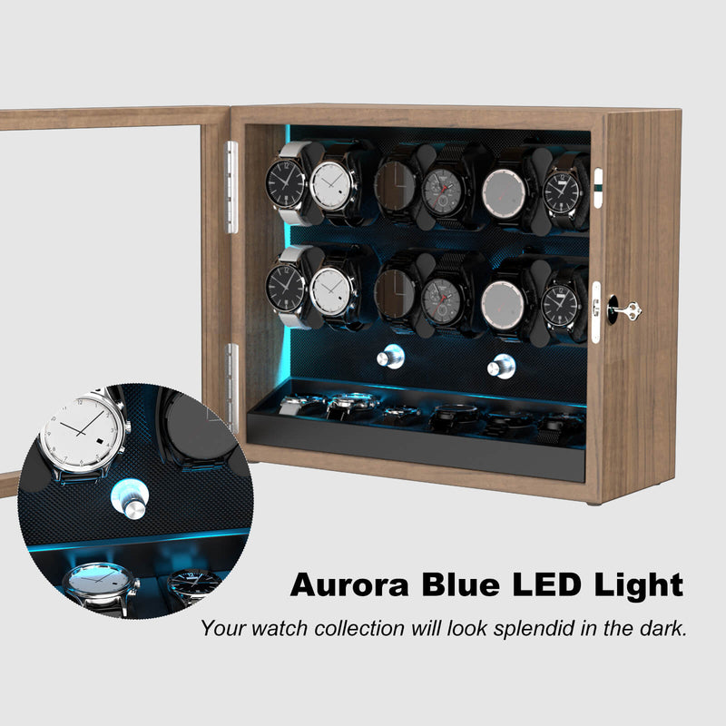 12 + 6 Watch Winder with Extra Storages Aurora Blue Light Quiet Motors - Grain