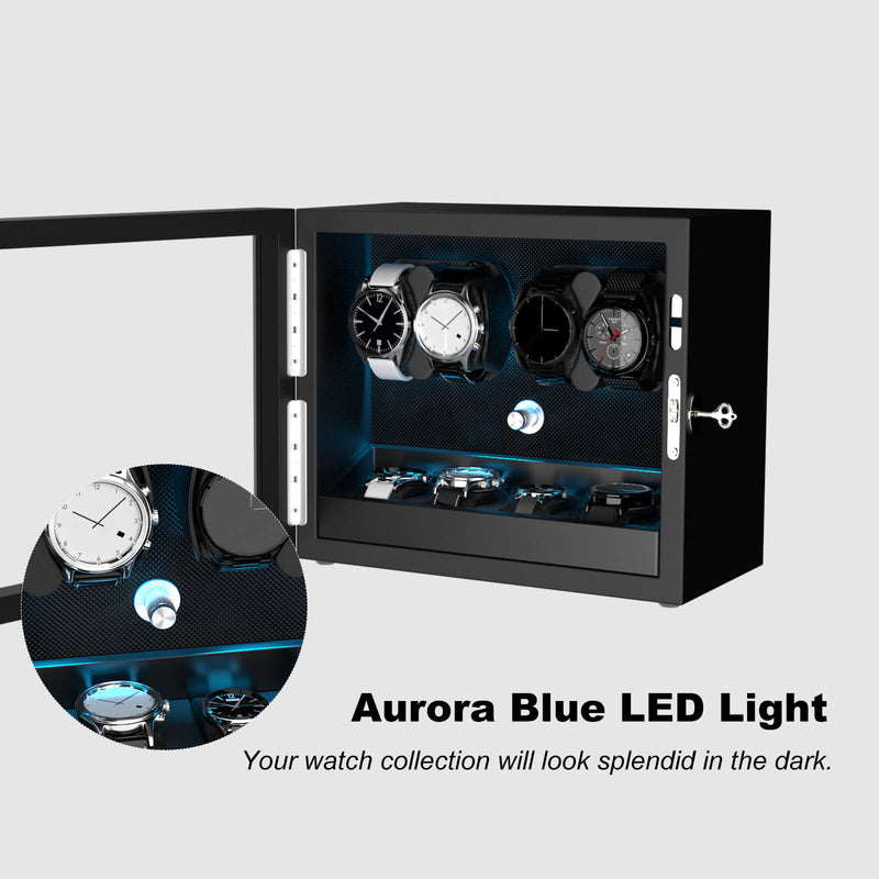 4 + 4 Watch Winder with Extra Storages Aurora Blue Light Quiet Motors - Black