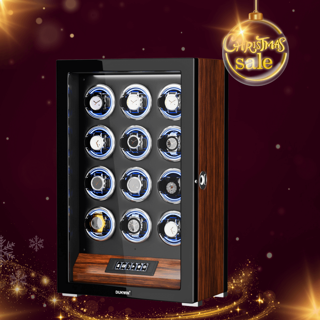 12 Watch Winders with Fingerprint Unlock RGB Light LCD Remote Control Ultra Quiet Motor - Walnut